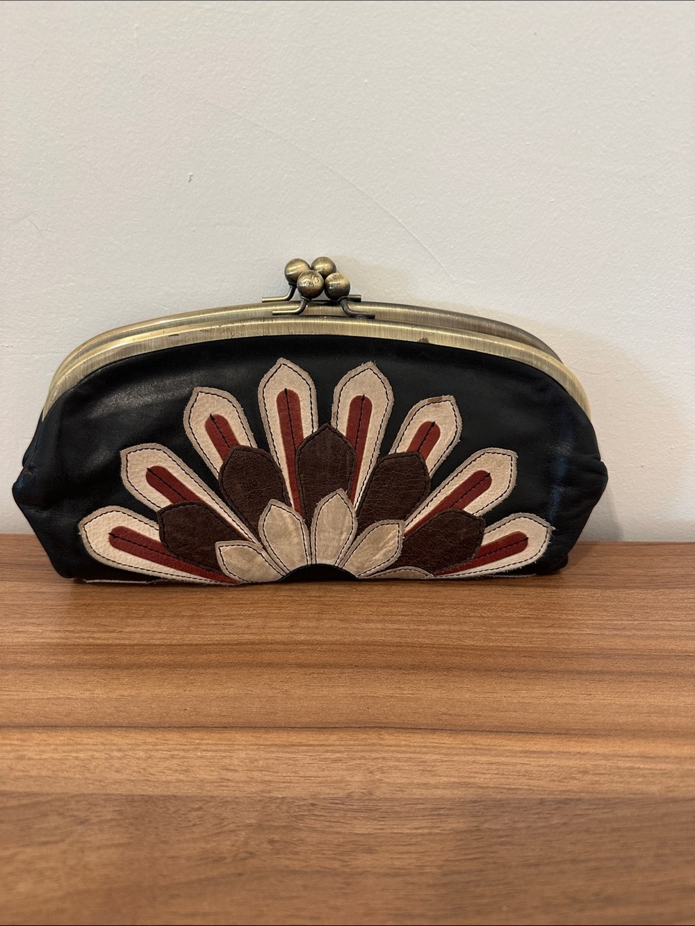 Nordstrom vintage Leather Floral Appliqué Clutch Bag in Black and Brown - Picture 2 of 9
